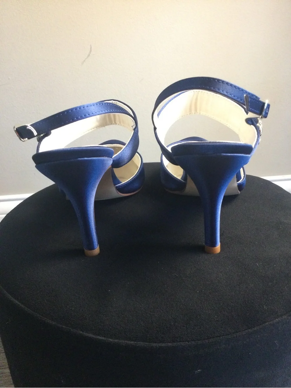 Elegant Navy Satin Pointed-Toe Slingback Heels with Crystal Accent